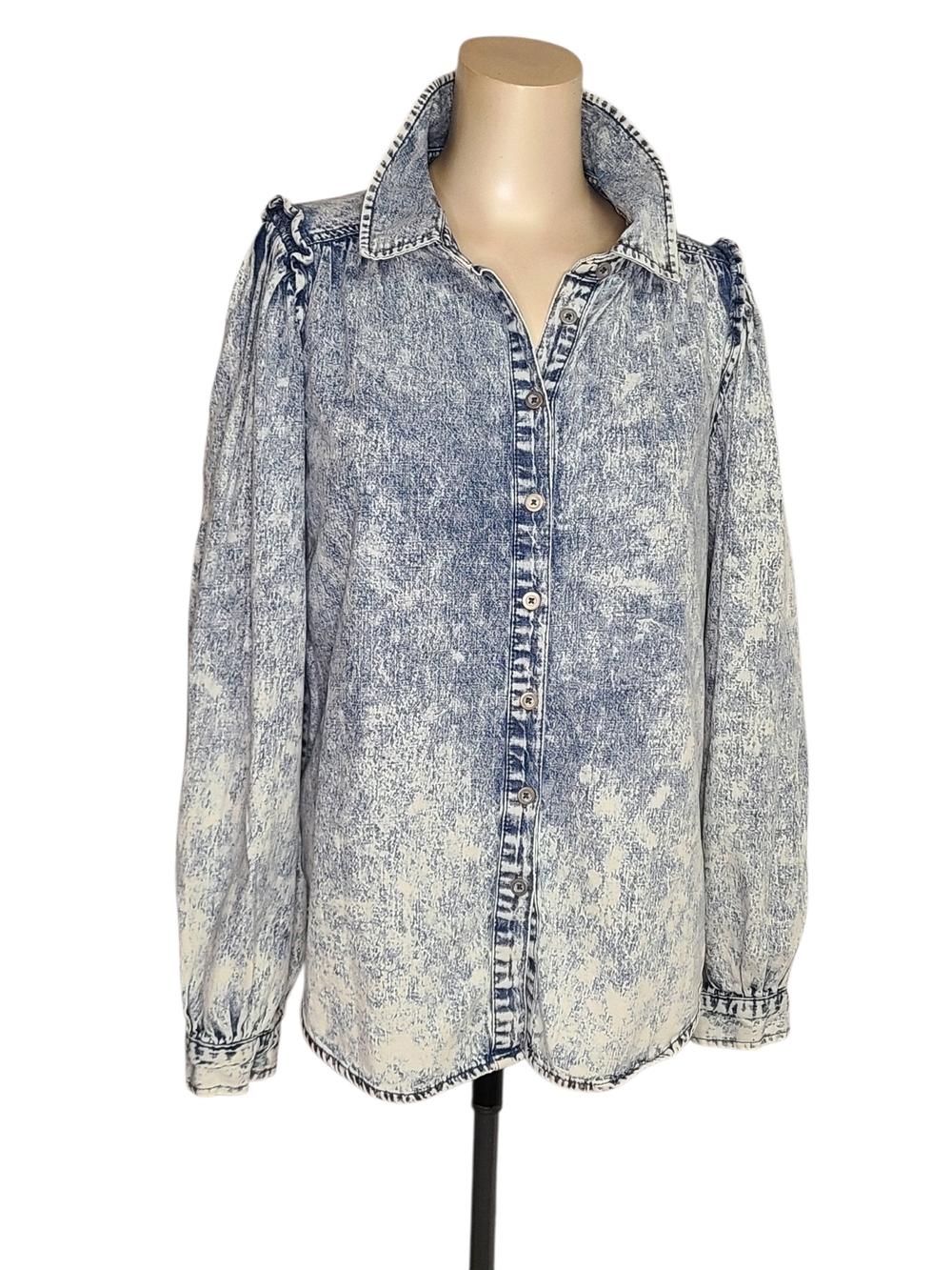 Aaron & Amber Acid Wash Denim Button Down Shirt Blouse Ruffle Puff Sleeve Medium